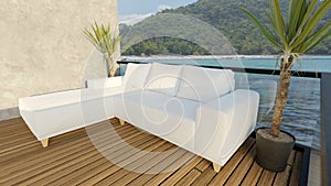 outdoor lounging terrace and sofa chair with beautiful beach view , 3D illustration rendering