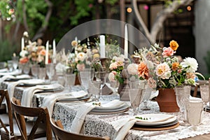 Outdoor lunch table setting with flowers. Romantic table setting with tablecloth, plates, crystal goblets, beautiful