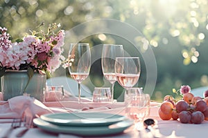 Outdoor lunch table setting with flowers. Romantic table setting with tablecloth, plates, crystal goblets, beautiful