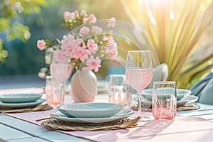 Outdoor lunch table setting with flowers. Romantic table setting with tablecloth, plates, crystal goblets, beautiful