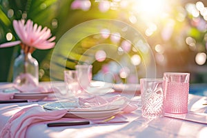 Outdoor lunch table setting with flowers. Romantic table setting with tablecloth, plates, crystal goblets, beautiful