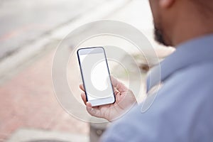 Outdoor, man and hands with smartphone screen for advertising or internet search for business opportunity or networking