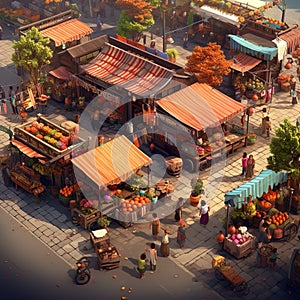 Outdoor Markets bustling openair marketplaces with colorful stalls vendors AI Isometric view