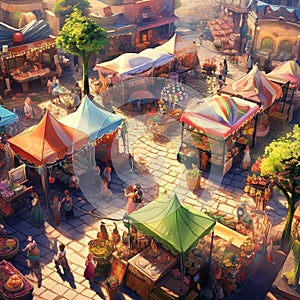 Outdoor Markets bustling openair marketplaces with colorful stalls vendors AI Isometric view