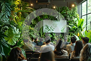An outdoor medical conference setting with a focus on eco-sustainability, speakers presenting recent green breakthroughs in photo