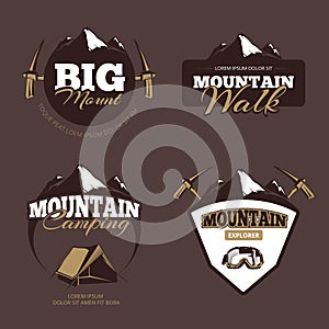 Outdoor mountain camping, alpinism vector emblems, labels, badges, logos set