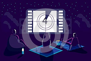 Outdoor movie theater night with friends Vector illustration