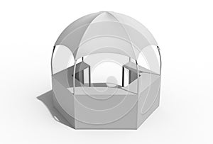 Outdoor Multi functional Trade Show Display Dome Kiosk Hexagonal Pavilion Canopy Tent With Promotional Counters, 3d render illustr