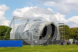 An Outdoor music festival stage being built for the Victorious festival in South UK