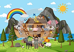 Outdoor nature scene with Noah`s Ark with Animals