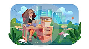 Outdoor office with woman working on laptop