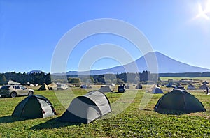 Outdoor park, car camping mount Fuji mountain in Japan countryside
