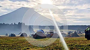 Outdoor park, car camping mount Fuji mountain in Japan countryside