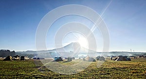 Outdoor park, car camping mount Fuji mountain in Japan countryside