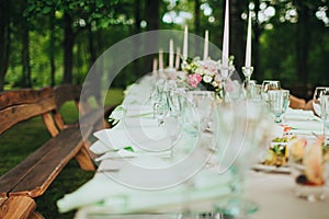 Outdoor park scene with wooden table decorated for family celebration