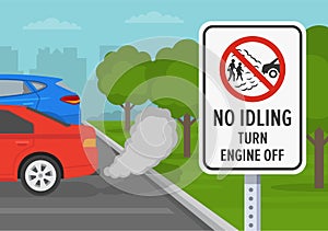 Outdoor parking rules. Close-up view of a `No idling, turn engine off` road or traffic sign. Idle-free zone. photo