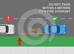 Outdoor parking rules and tips. Do not park within 5 meters of a fire hydrant. Top view of correct and incorrect parked cars