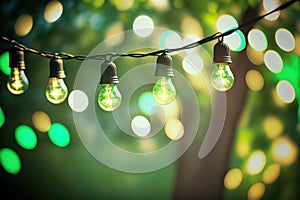 outdoor party string lights hanging in backyard on green bokeh background with copy space