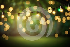 outdoor party string lights hanging in backyard on green bokeh background with copy space