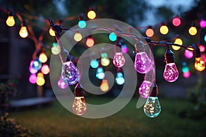 outdoor party string lights hanging in backyard on green bokeh background with copy space.