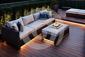 outdoor patio bordered by lush greenery featuring stylish wooden composite deck boards