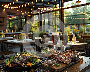 Outdoor patio with craft brew pairings, featuring grilled meats and seasonal vegetables, under string lights photo
