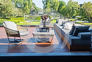 outdoor patio deck and chair decoration on balcony in the garden