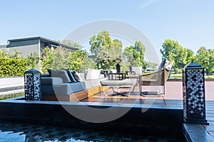 outdoor patio deck and chair decoration on balcony in the garden