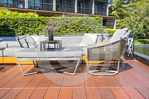 outdoor patio deck and chair decoration on balcony in the garden