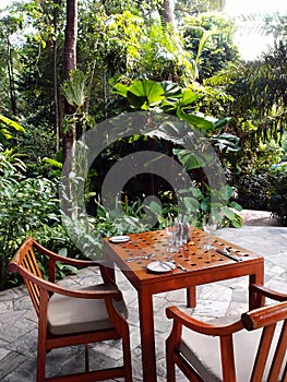 Outdoor patio dining area, tropical garden