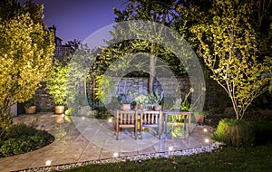 Outdoor patio illuminated at night