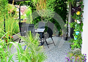 Outdoor patio overgrown with flowers and plants