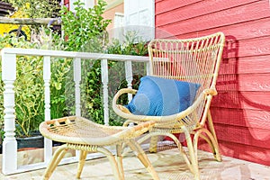 Outdoor patio seating area in house with nice rattan table