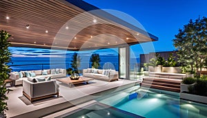 Outdoor patio and small pool in a modern residential building in the evening with lighting and ocean view,