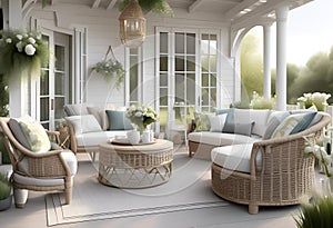 an outdoor patio with wicker furniture on the floor and on the tables