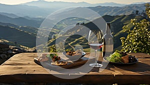 Outdoor picnic on a rustic table, enjoying fresh wine and food generated by AI