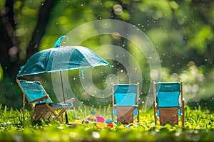 Outdoor picnic set with folding chairs, umbrella, and toys for children - perfect for family outings