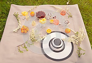 Outdoor picnic setting with champagne, rose wine, ice cream and fruits. Top view