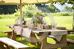 outdoor picnic table setting under a tent