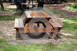 Outdoor picnic type wooden bench in public park