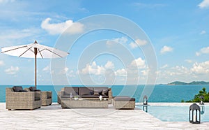 Outdoor pool terrace living area 3d render photo