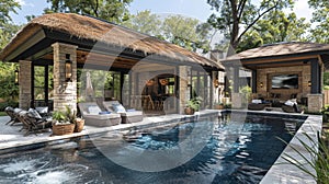 outdoor poolside retreat, a backyard pool retreat featuring a cabana with lounge chairs and a straw umbrella, the