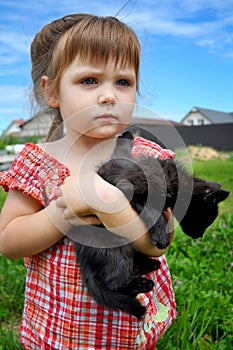 Outdoor portrait of a cute little girl with small kitten, girl playing with cat on natural background