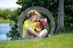 Outdoor portrait of a cute little kid reading a book in summer park. Blond kid boy sitting on grass and reading book