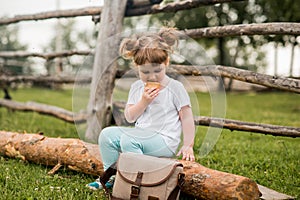 Outdoor portrait of a girl sitting on the grass near the fence.Summer in the village. beautiful baby girl on a wooden bench.