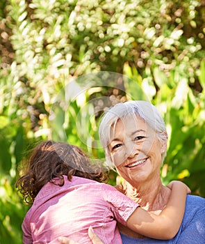 Outdoor, portrait and grandmother with child in park on holiday or vacation in retirement with support. Happy, senior