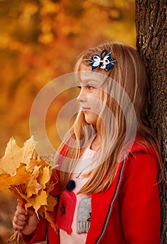 Outdoor portrait of happy blonde child girl in a red jacket holding yellow leaves. Little girl walking in the autumn park or