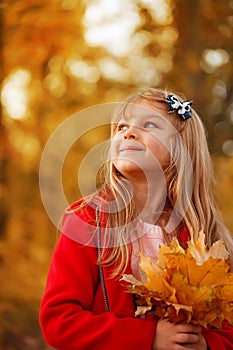 Outdoor portrait of happy blonde child girl in a red jacket holding yellow leaves. Little girl walking in the autumn park or