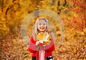 Outdoor portrait of happy blonde child girl in a red jacket holding yellow leaves. Little girl walking in the autumn park or