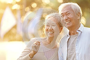 Outdoor portrait of happy senior asian couple photo